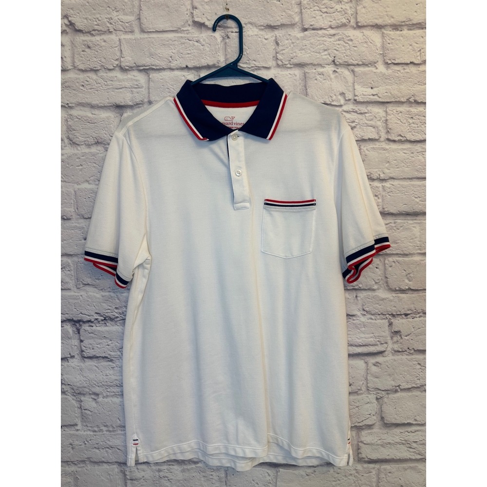 Vineyard Vines Edgartown Polo Shirt White Navy Red Trim Short Sleeve Mens M